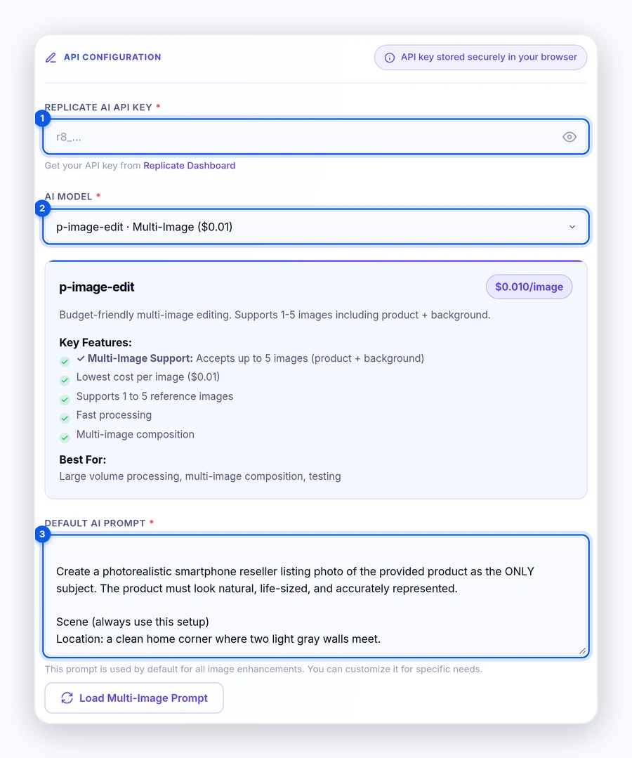 AI Image Enhancement Configuration page with the Replicate AI API Key field, the AI Model menu set to p-image-edit, and the Default AI Prompt box