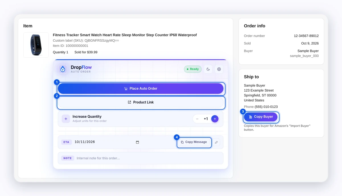 Auto Order panel on an eBay order page with Place Auto Order, Product Link, Copy Message, and Copy Buyer buttons