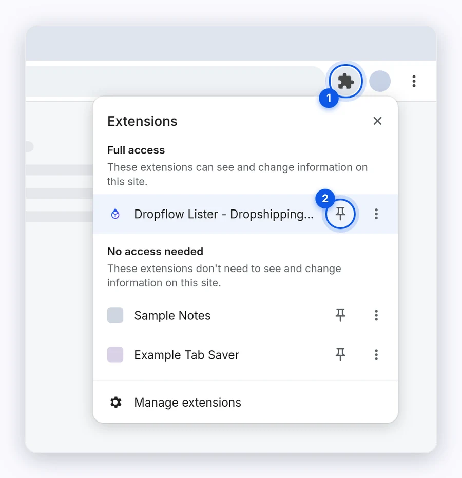 Chrome extensions menu with the puzzle-piece icon and the pin icon next to Dropflow Lister highlighted