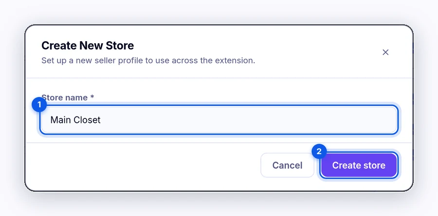 Create New Store window with the Store name field showing Main Closet and a Create store button
