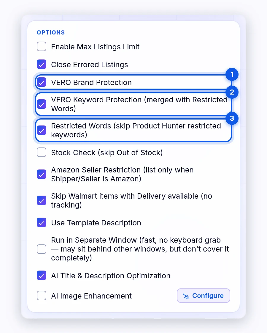 Flow Lister Options with VERO Brand Protection, VERO Keyword Protection, and Restricted Words turned on