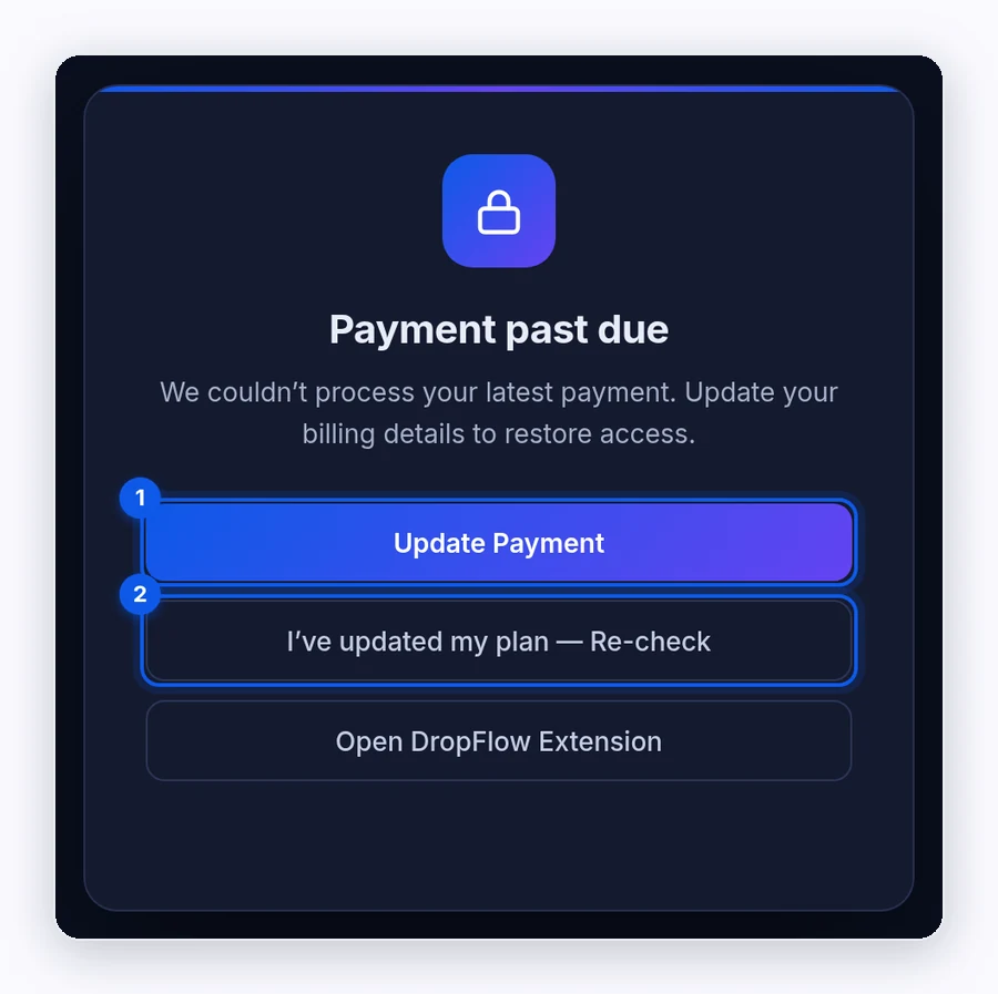 DropFlowLister lock screen titled Payment past due with an Update Payment button and an I've updated my plan — Re-check button