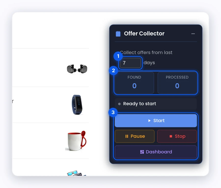 Offer Collector panel with the days box, Found and Processed counts, and Start, Pause, Stop, and Dashboard buttons