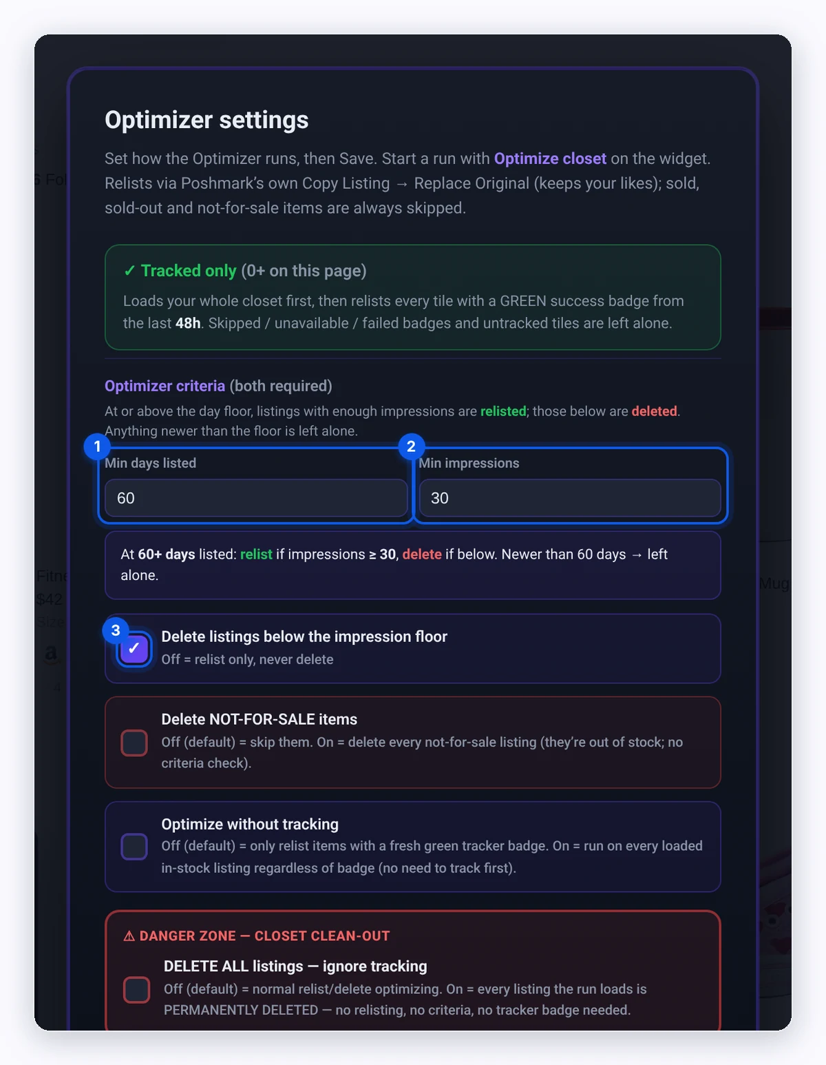 Optimizer settings window with the Min days listed and Min impressions criteria and the Delete listings below the impression floor option