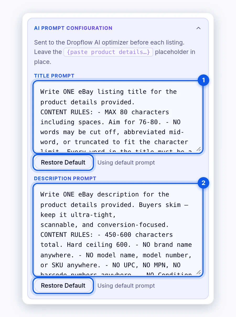 AI Prompt Configuration section with Title Prompt and Description Prompt boxes and a Restore Default button under each