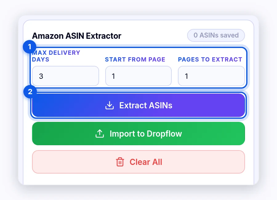 Amazon ASIN Extractor in the popup's ASIN Manager with Max Delivery Days, Start From Page, Pages to Extract, and the Extract ASINs button