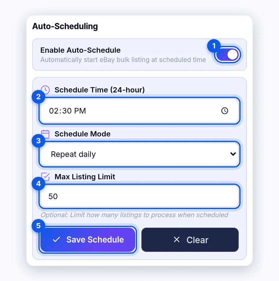 Auto-Scheduling section in eBay Settings with Enable Auto-Schedule on, a Schedule Time of 2:30 PM (14:30), Repeat daily, a Max Listing Limit of 50, and the Save Schedule button