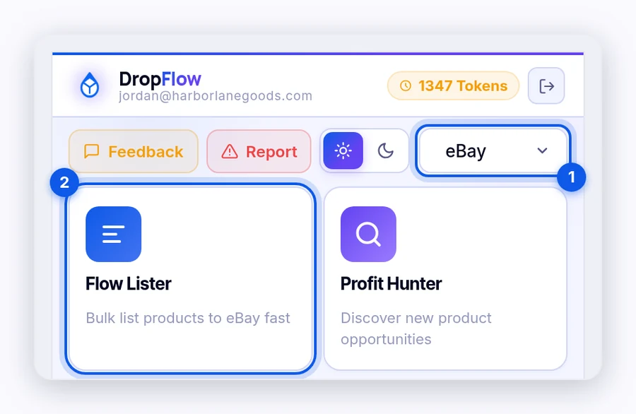 DropFlowLister popup with eBay selected and the Flow Lister card highlighted