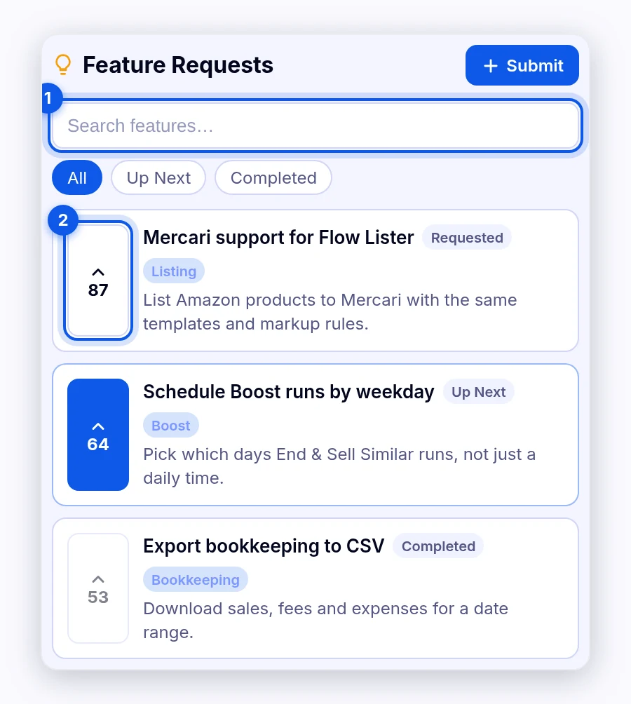 Feature Requests screen showing a search box, All, Up Next, and Completed filters, and request cards with vote counts