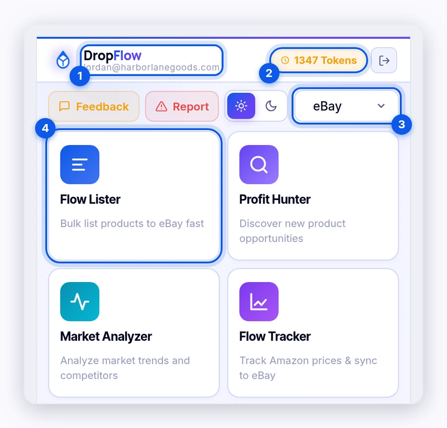 DropFlowLister popup with the account header, Tokens pill, marketplace dropdown, and feature cards
