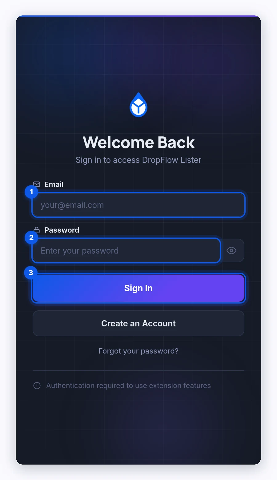 DropFlowLister popup sign-in form with Email and Password fields, a Sign In button, a Create an Account button, and a Forgot your password? link