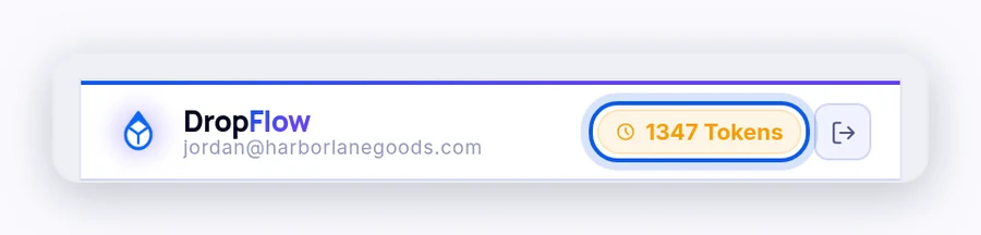 DropFlowLister popup header showing the account email and a Tokens pill with the credit balance