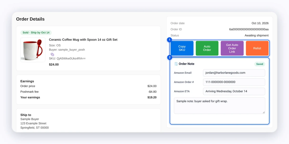 DropFlow Copy SKU, Auto Order, Get Auto Order Link, and Relist buttons and the Order Note card on a Poshmark sale page