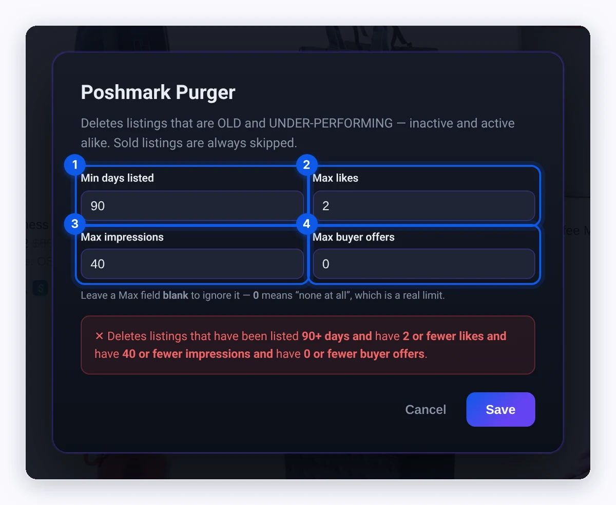 Poshmark Purger window with Min days listed, Max likes, Max impressions, and Max buyer offers fields