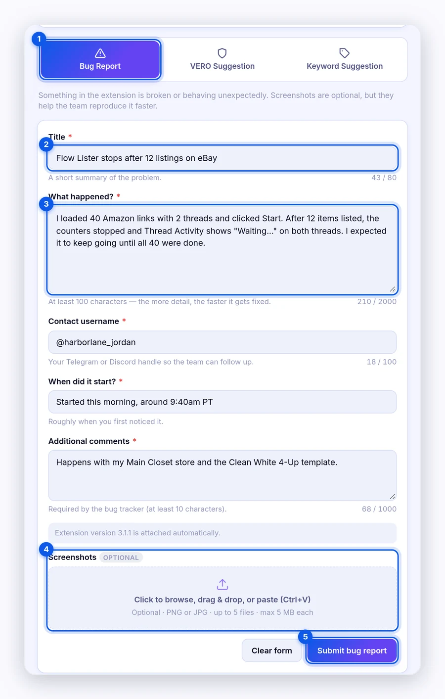 Report window with Bug Report selected, showing Title, What happened, Contact username, When did it start, Additional comments, and Screenshots