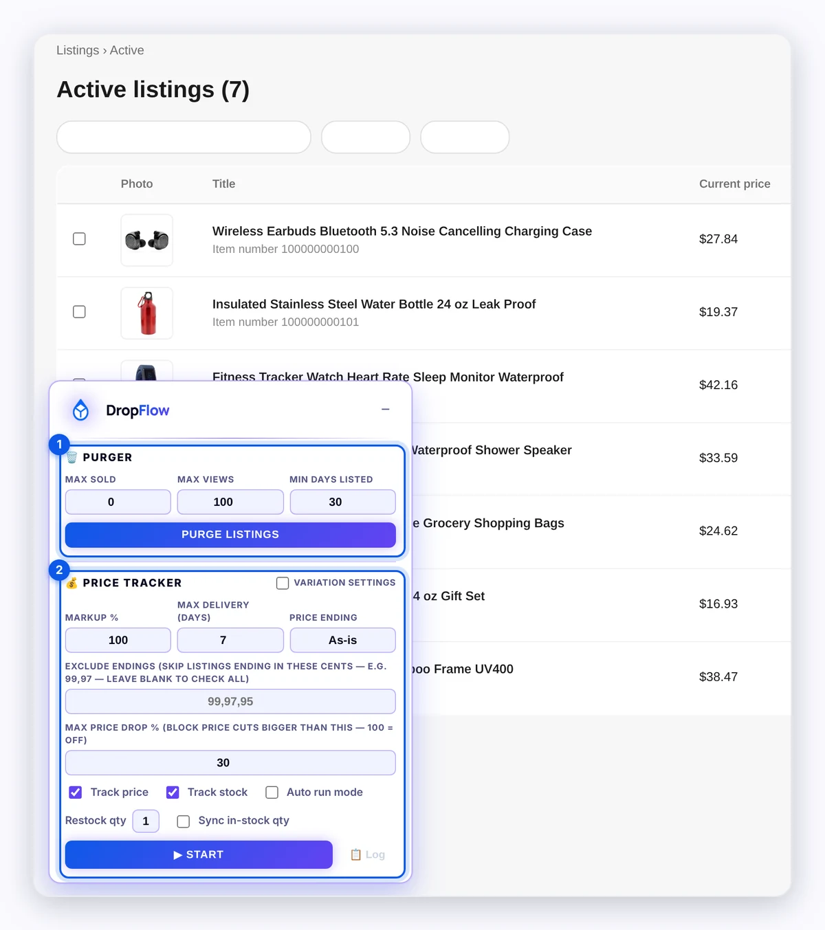 DropFlow panel showing the Purger and Price Tracker sections on the eBay Active listings page