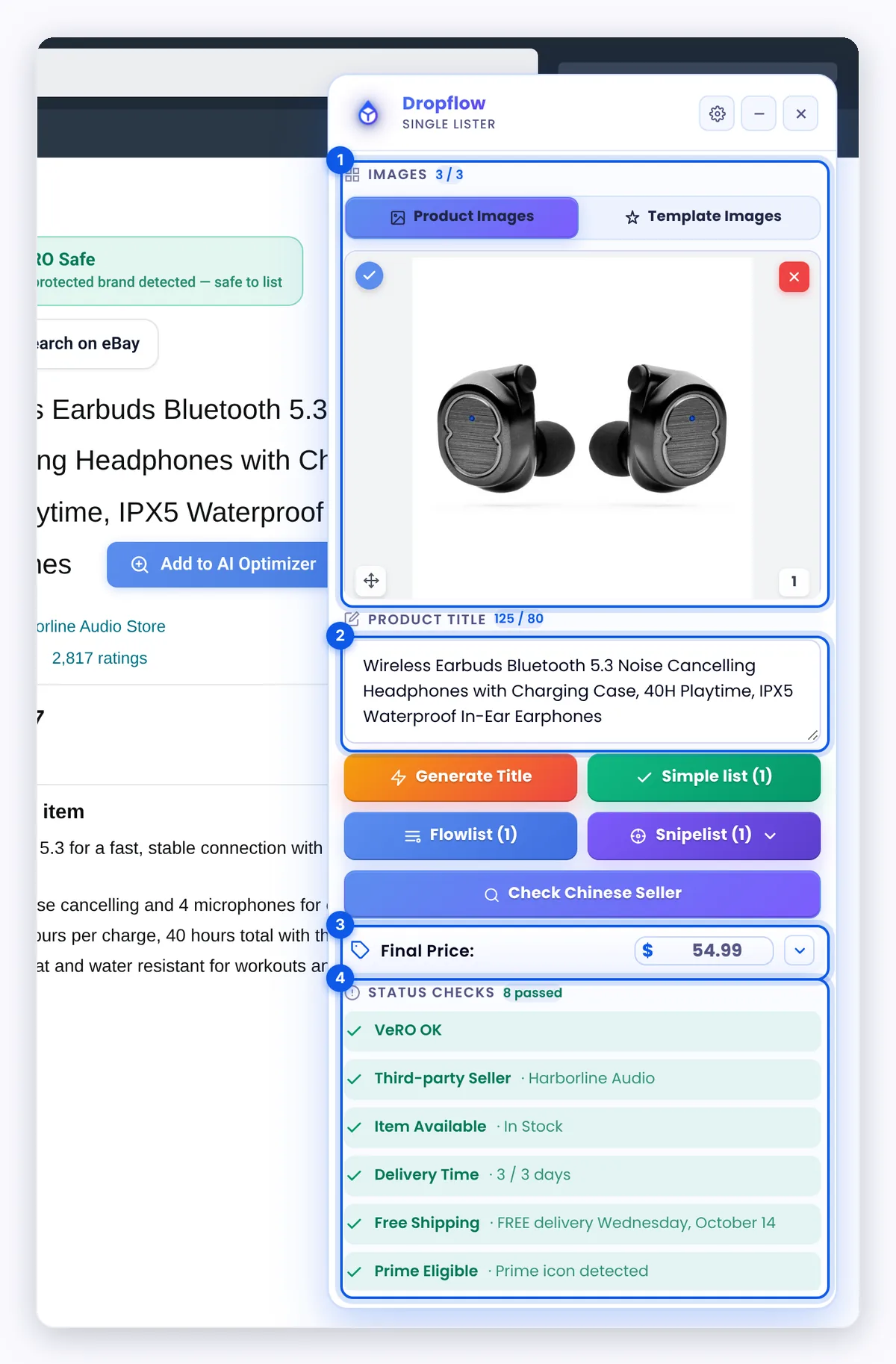 Single Lister panel on an Amazon product page showing product images, title, final price, and status checks