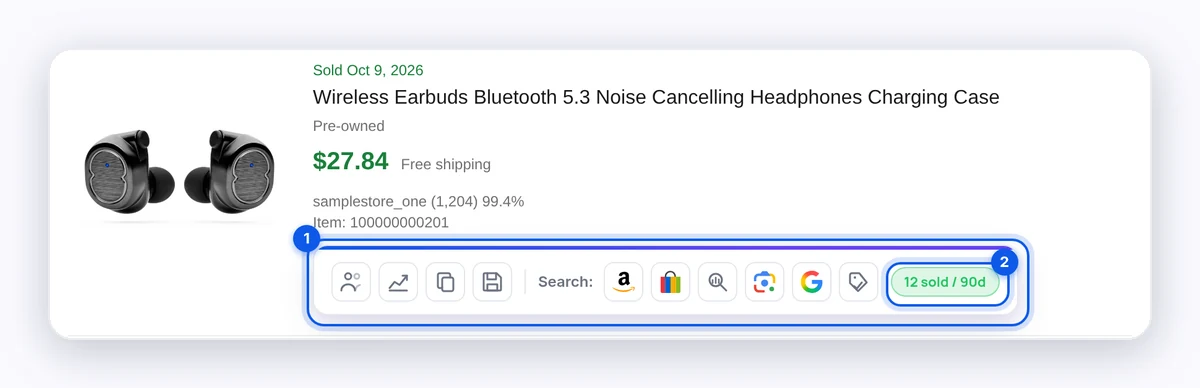 eBay sold search result with the DropFlow icon row under a listing and a sold badge reading 12 sold / 90d