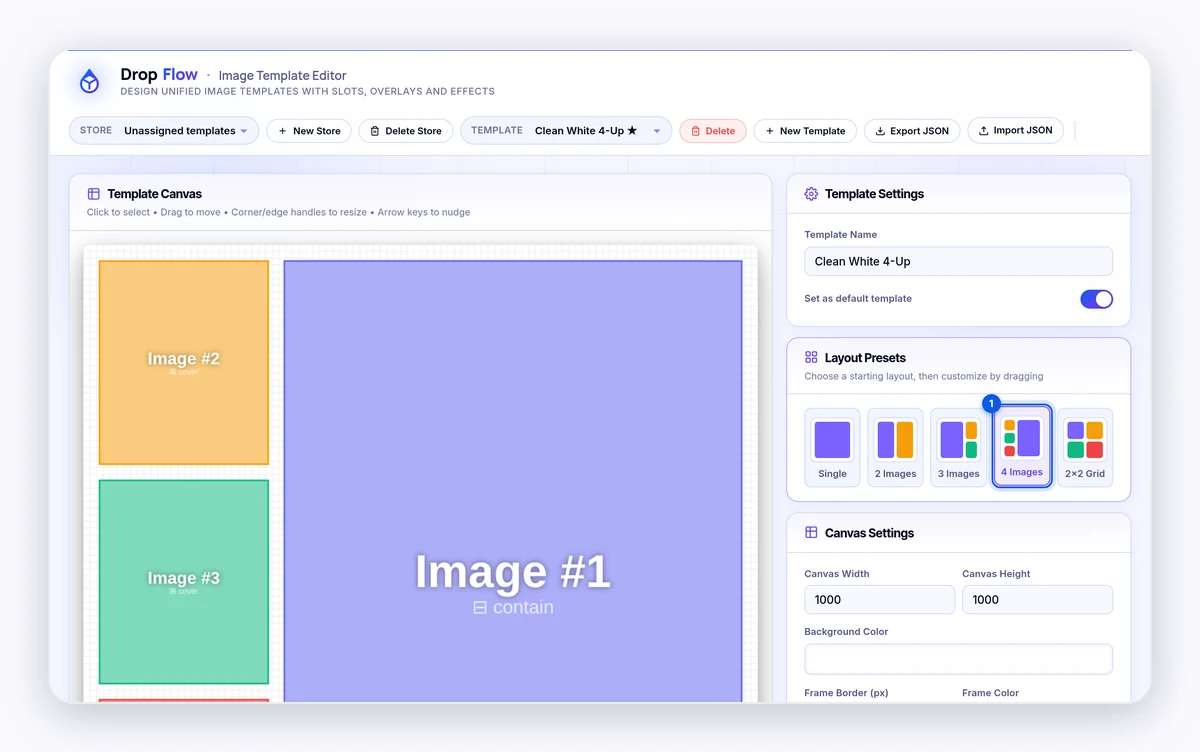Image Template Editor with a 4 Images layout on the canvas and the settings panels on the right
