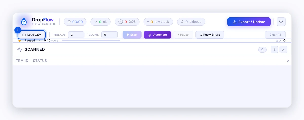 Flow Tracker page before a CSV is loaded