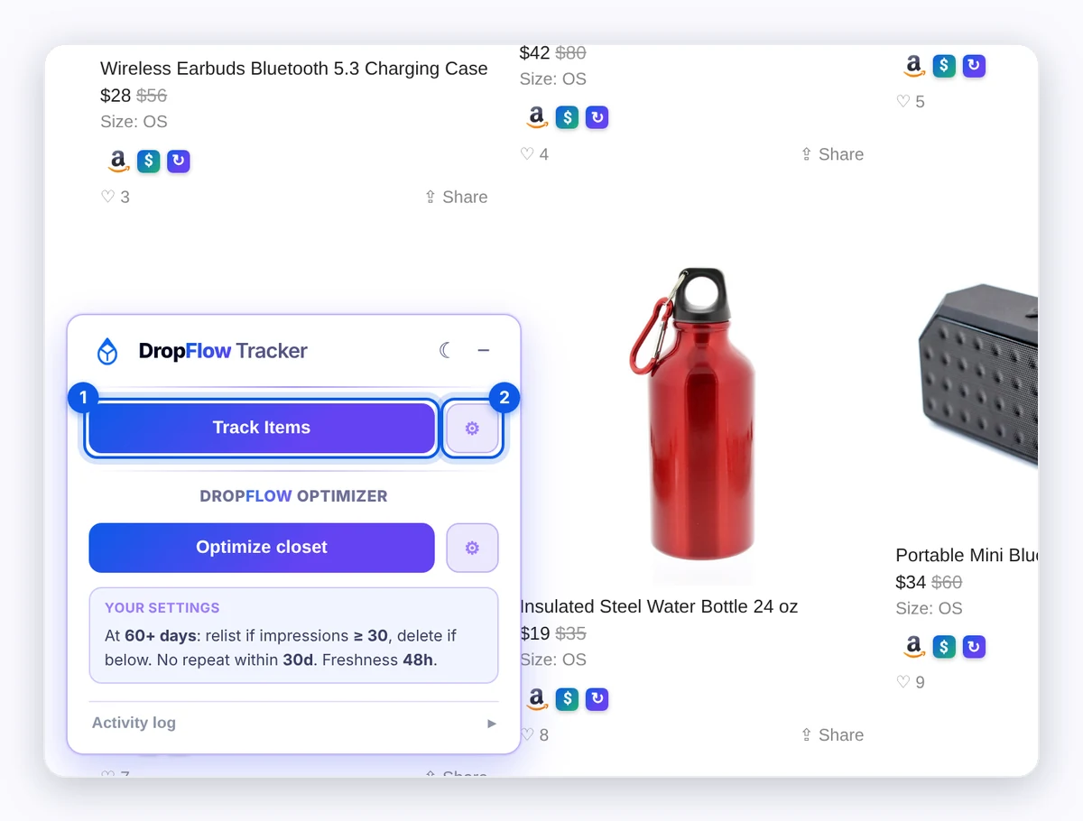 DropFlow Tracker widget on a Poshmark closet with the Track Items button and its settings (gear) button
