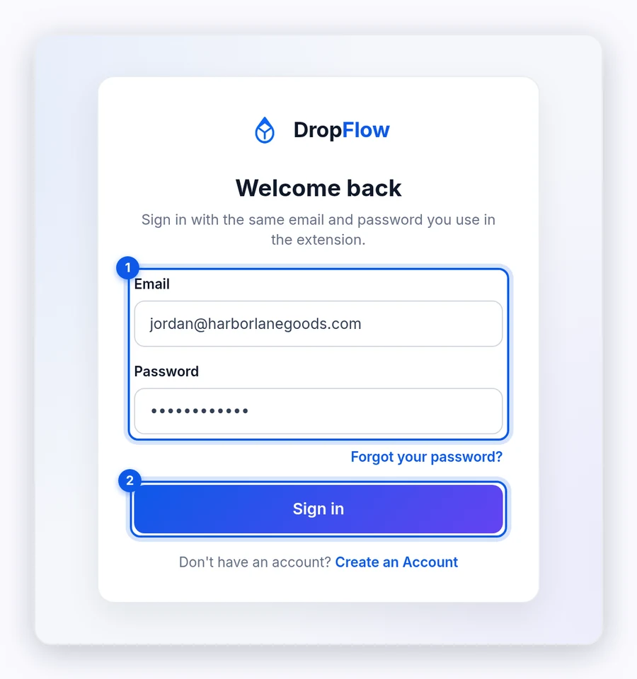 DropFlow web app sign-in page with the Email and Password fields and the Sign in button