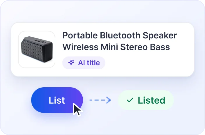 Product card with an AI title, a List button and a Listed confirmation
