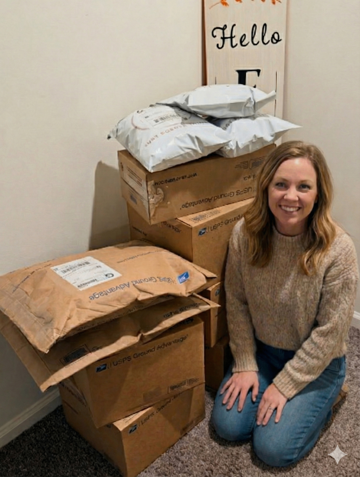 A smiling woman kneeling next to a stack of shipping boxes and mailer envelopes, illustrating a successful reselling or dropshipping business delivery.