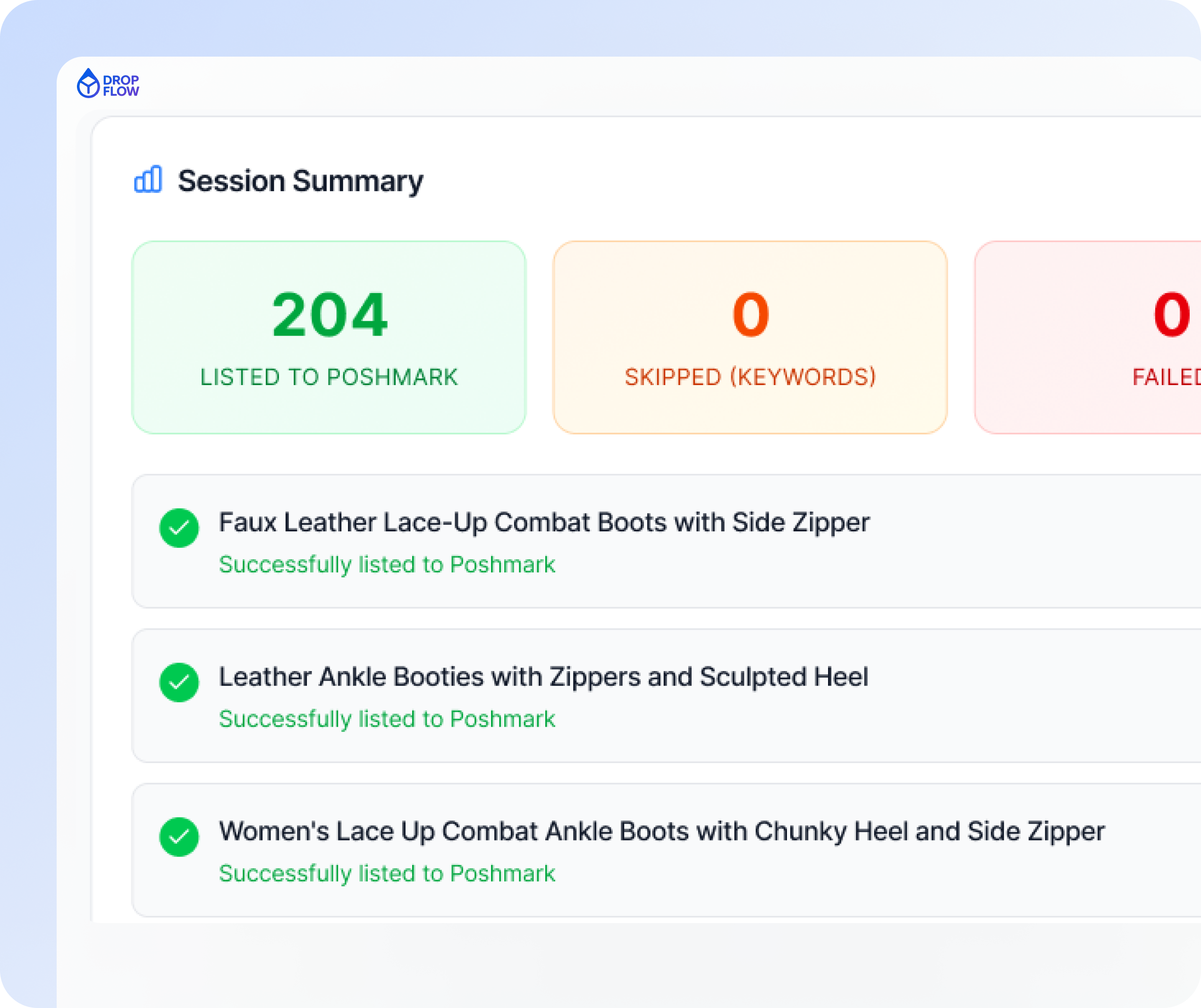 DropFlow Session Summary dashboard showing 204 items successfully listed to Poshmark, including faux leather lace-up combat boots and leather ankle booties.