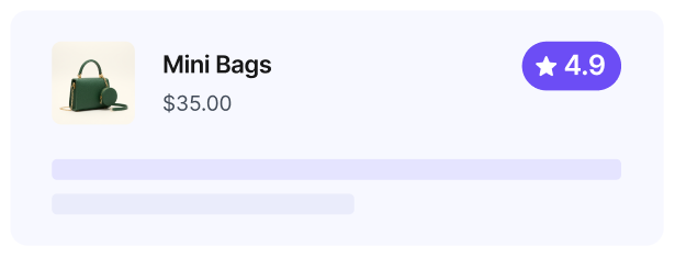 Product card for Mini Bags priced at $35.00 with a 4.9-star customer rating.