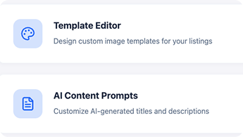 DropFlow interface highlighting the Template Editor for designing custom image templates and AI Content Prompts for customizing automated product titles and descriptions.