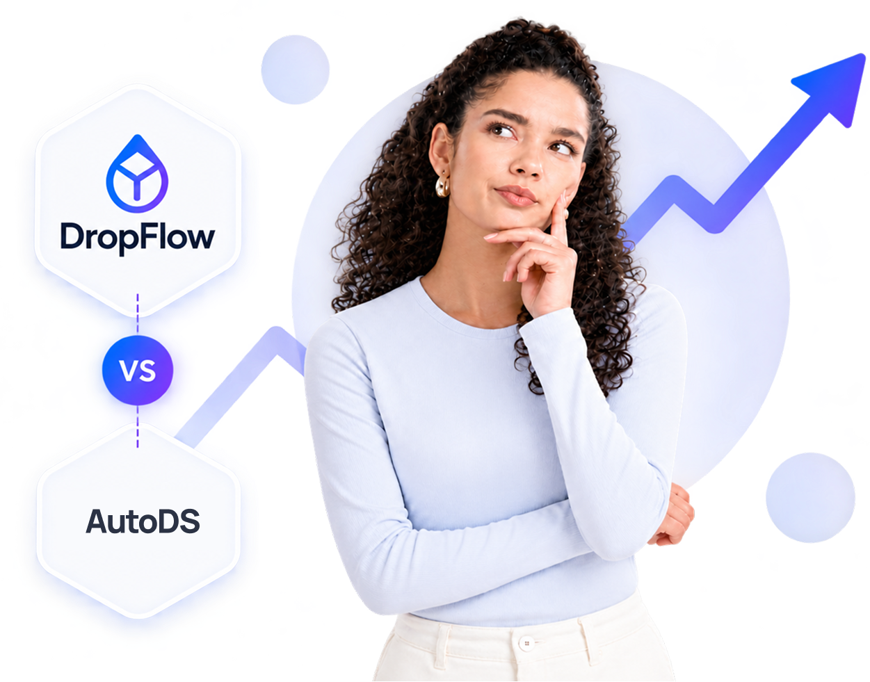 DropFlowLister as an AutoDS alternative, comparison graphic with a thoughtful woman