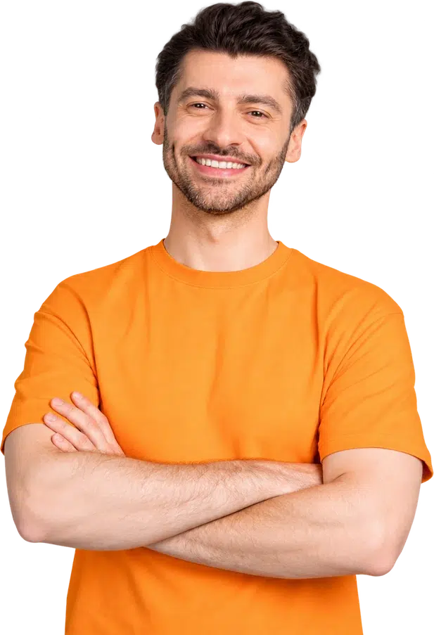 Smiling seller in an orange T-shirt with his arms crossed