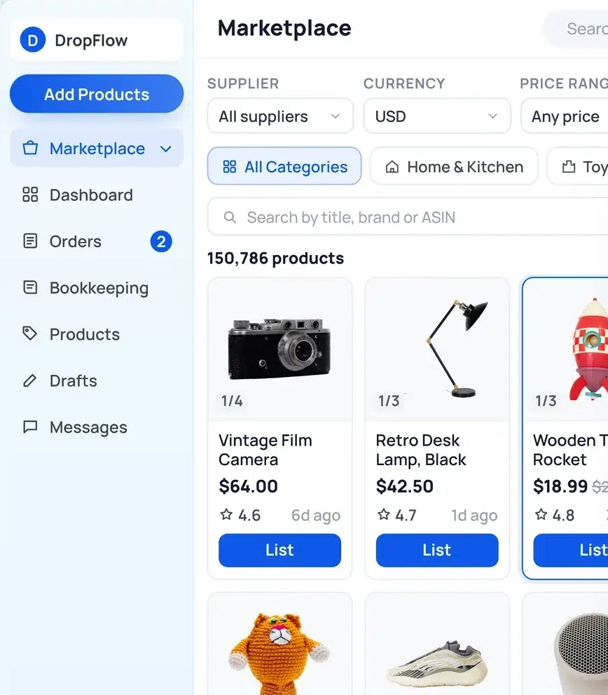 DropFlowLister Marketplace panel with trending products ready to list