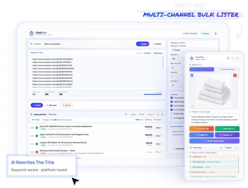 DropFlowLister multi-channel bulk lister dashboard
