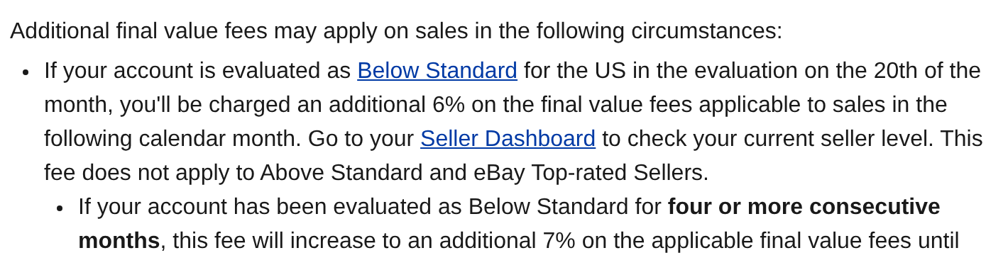 eBay selling fees page explaining the additional final value fee for Below Standard sellers