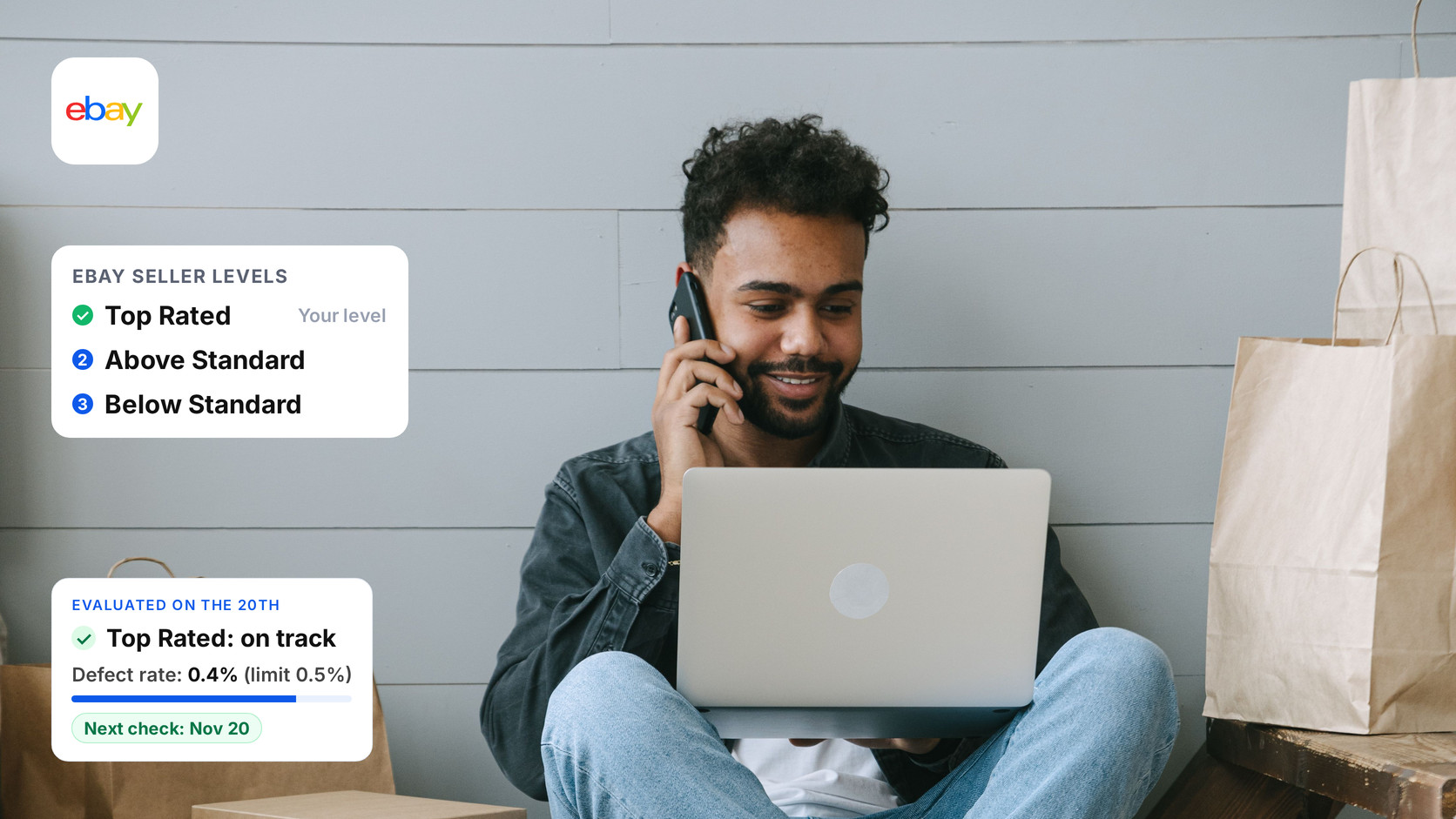 Online seller on a laptop among shipping boxes with an eBay seller levels card showing Top Rated, Above Standard and Below Standard and a monthly evaluation card