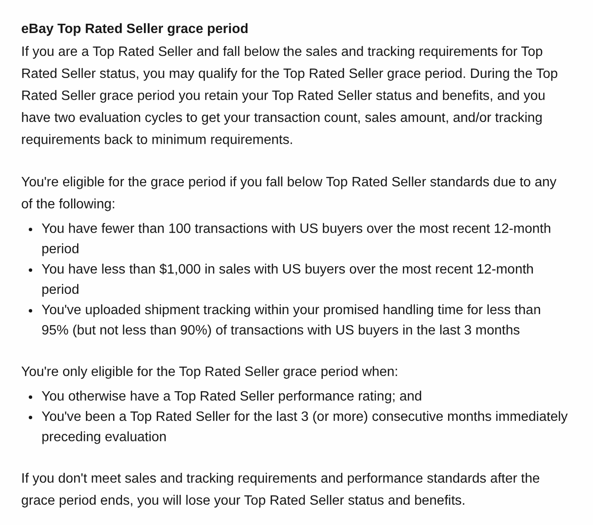 eBay seller protections page explaining the Top Rated Seller grace period for sales and tracking requirements