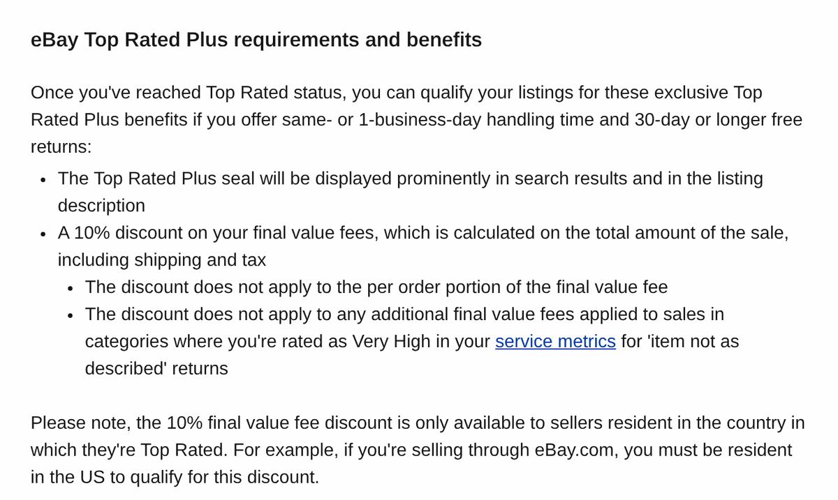 eBay Top Rated seller requirements help page section on Top Rated Plus handling time, free returns and the 10% final value fee discount