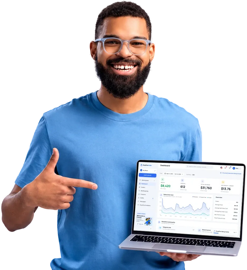 Smiling seller pointing at the DropFlowLister dropshipping automation software dashboard on his laptop