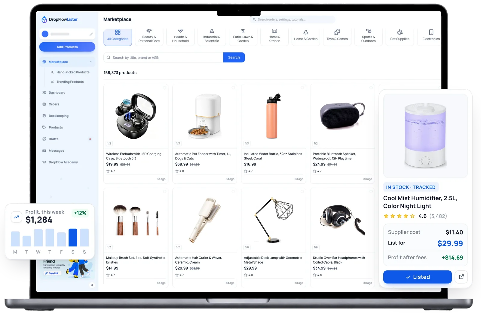 DropFlowLister dropshipping automation software Marketplace page on a laptop showing a grid of practical home, pet and tech products, with a cool mist humidifier product card and a weekly profit chart
