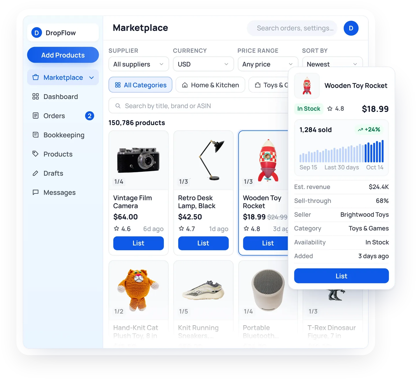 Product Finding Suite showing weekly hot products and a supplier sourcing panel