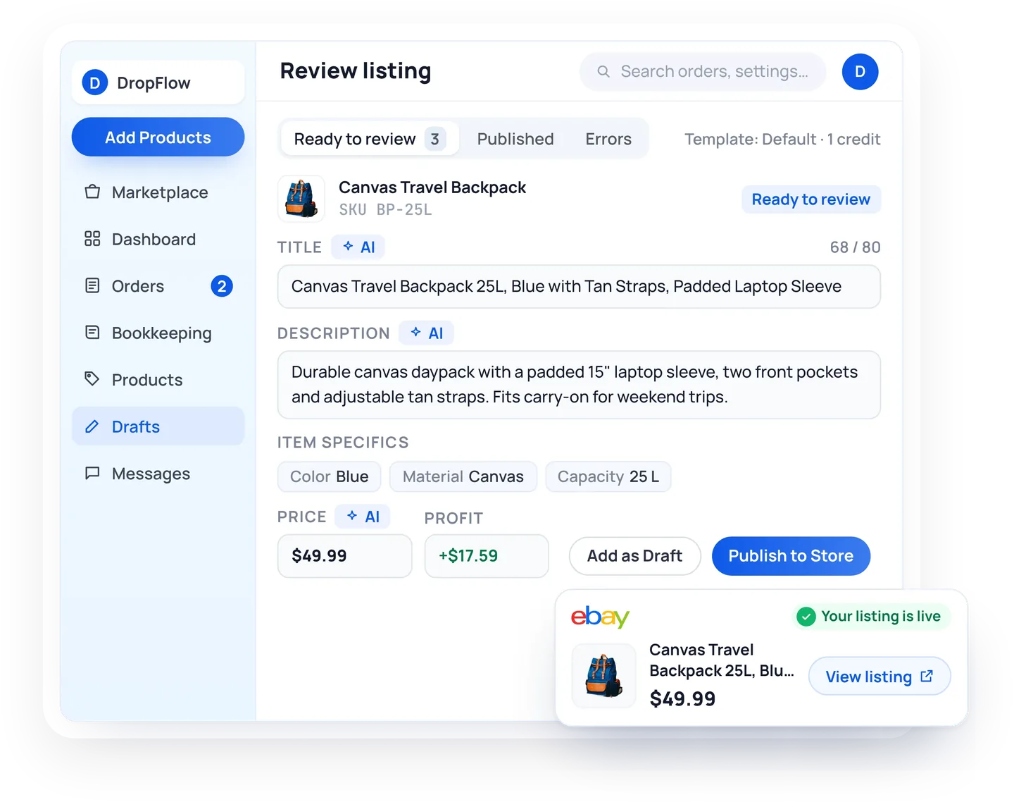 Flow Lister bulk listing screen with product links and an AI-rewritten title