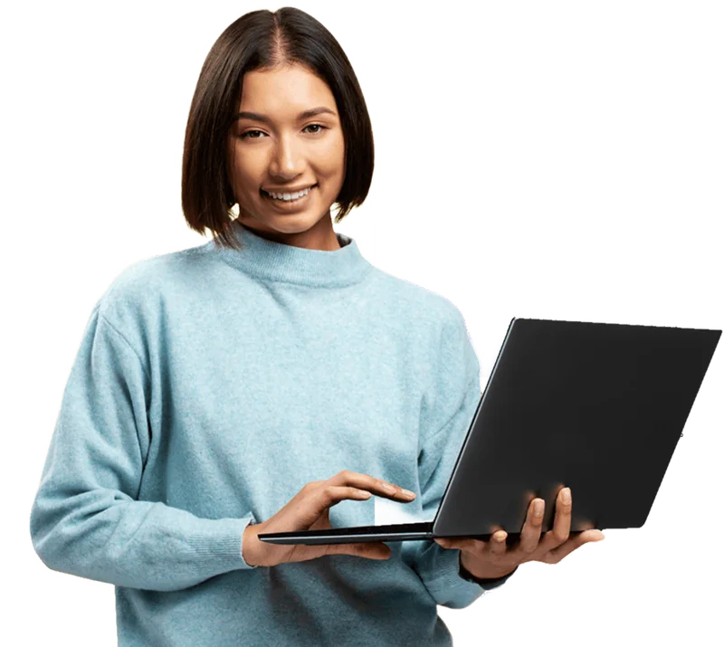 Smiling support team member holding a laptop