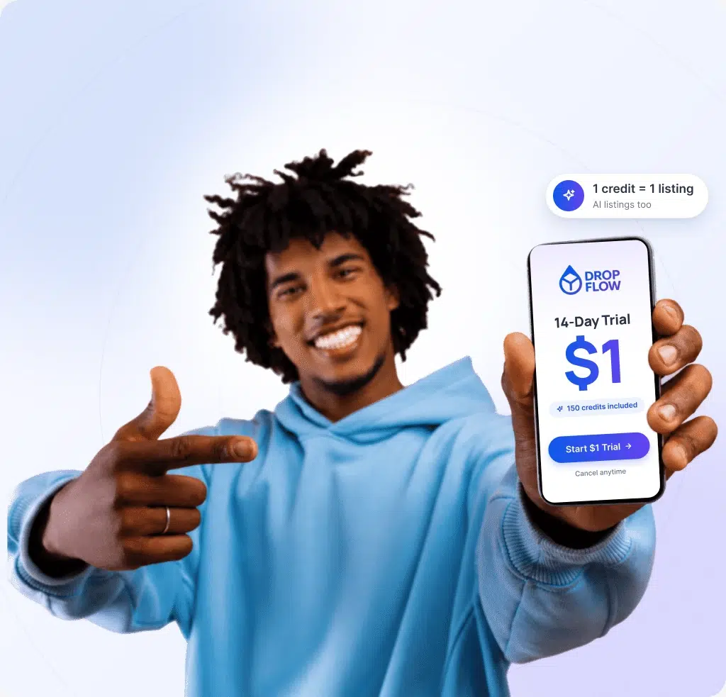 Smiling man pointing at a phone showing the DropFlowLister 14-day trial for one dollar
